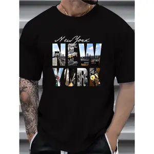 Cotton Short Sleeve  T-Shirt 100% Cotton New York Graphic Tee for Men - Casual & Comfortable Round Neck T-Shirt with Iconic NYC Skyline Print, Machine Washable, Summer Wear