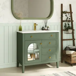 ARCH 35.6" Mid-Century Bathroom Vanity Sink with Patterned Glass & Motion-sensor Light Strip, Farmhouse Freestanding Bathroom Vanity Sink with Storage, High-end Restroom Vanity Cabinet,Green