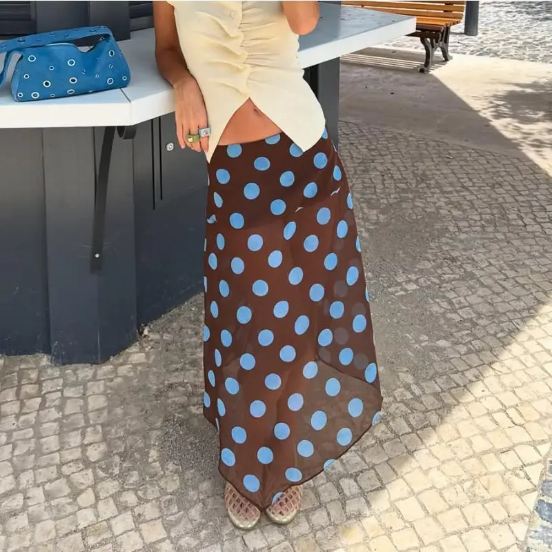 Women Polka Dot Midi Skirt Y2k Low Waist Semi Sheer Asymmetrical Hem Summer Flowy Midi Skirt Going Out
