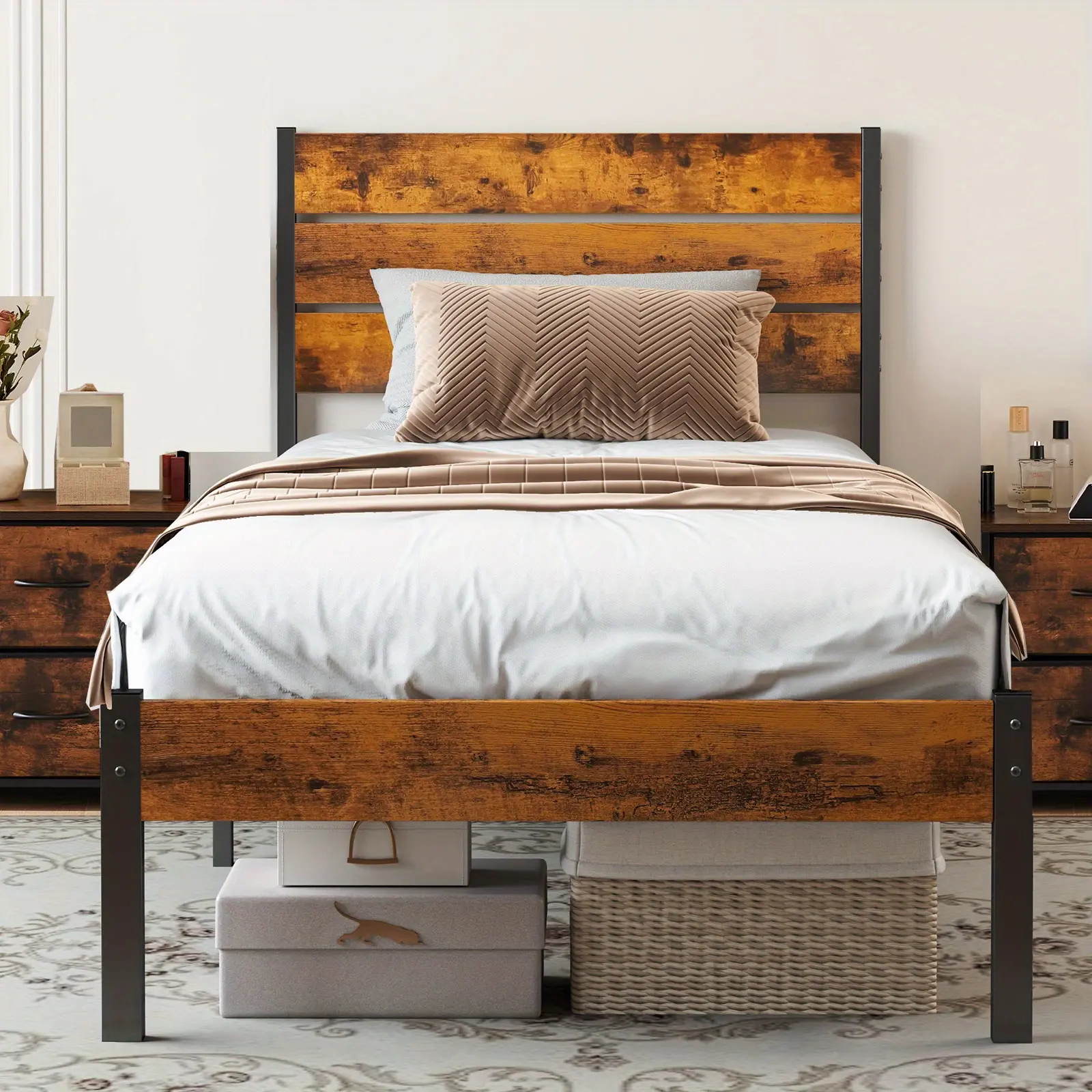 Metal Platform Bed Frame - Mattress Base With Headboard And Footboard, No Box Spring Required, Features Sturdy Wooden Slats Supporting 700-800 Pounds, Available For Purchase As Needed.