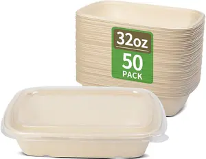 Bloomoon 32 Oz Disposable Food Container Set 50 Pack with Clear Lid for Salad Pasta Nacho Burrito Plant Based Microwave Safe Take Out Serving Bowls