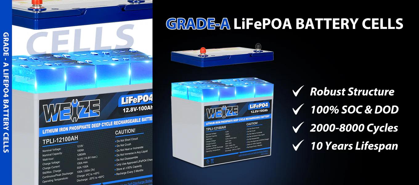 WEIZE 12V 100Ah 1280Wh LiFePO4 Lithium Battery, Group 24 Deep Cycle Battery