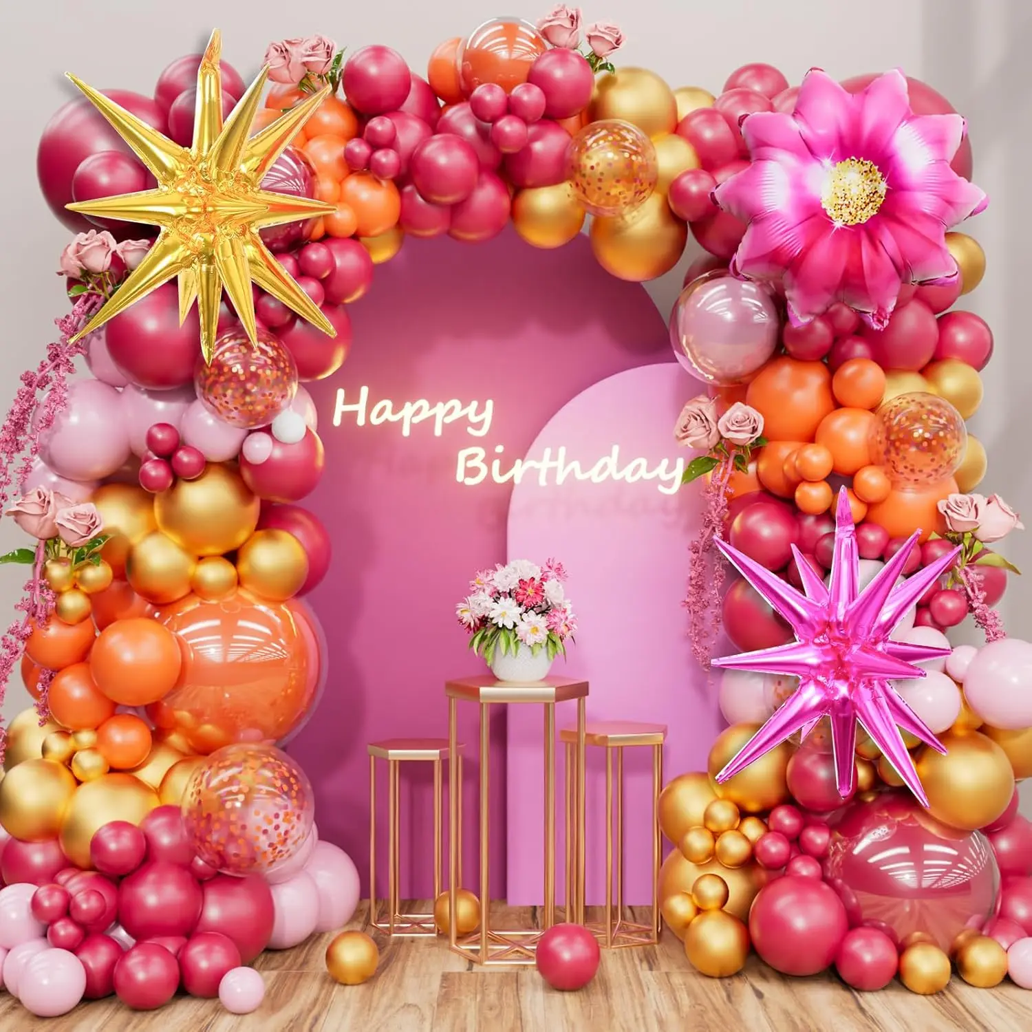 154-Piece Pink & Orange Balloon Arch Kit with Flower & Star Foil Balloons for Parties & Showers