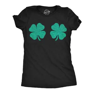 Womens Funny T Shirts Glitter Shamrock Boobs Sarcastic St Patricks Day Graphic Novelty Tee For Ladies Funny Womens T Shirts Cute Vintage Fashion Casual Ladies T-Shirt Gift Saint Patrick's Day Tops for Women Black -