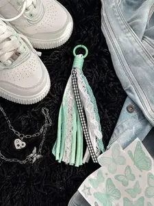 Trendy Versatile Lace Ribbon Rope DIY Baby Pendant, 8 Colors Available, Cute Rainbow Fabric Bag Charm, Retro Lace Fringe Keychain, Cute Keychain Accessory