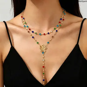 2 Layer Colorful Bead Flower Y-Drop Necklace, Gold-Silver Boho Stacked Lariat Chain, Vintage Adjustable Whimsical Statement Jewelry for Summer Sports & Outdoor Accessory Use, Whimsical Jewelry