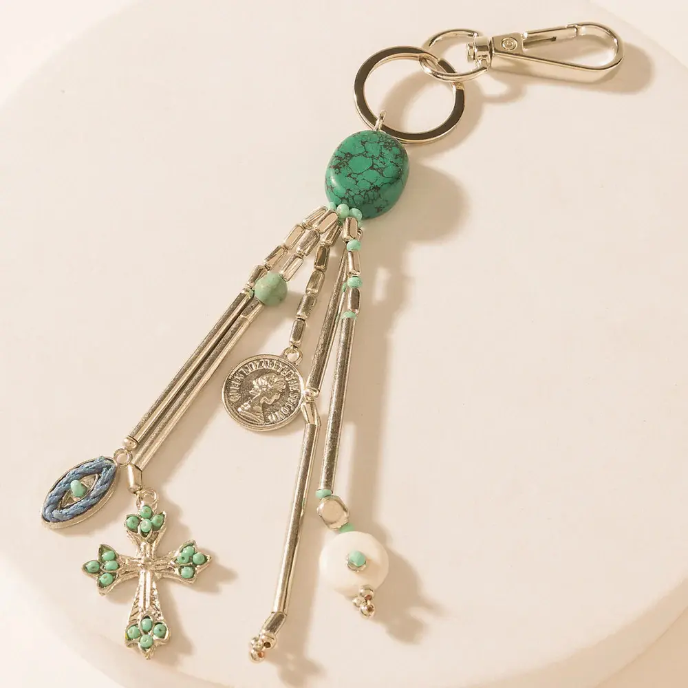 Women's Western-Style Clay Keychain with Dangling Cowboy Hat Charms, Cross Chain, Turquoise Stone Accents, Myra Cowgirl Bag Fob