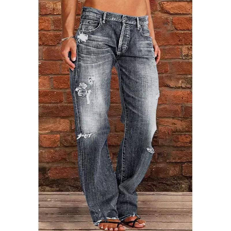 Women's Ripped Jeans Mid Rise Straight Leg Denim Jean Plus Size Boyfriend Jeans Baggy Flare Pants 90s Hippie Clothes
