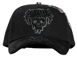 Barbas Hats “Crime” Skull Premium Snapback – Black Adjustable Streetwear Cap with Rhinestone Skull Design, Gothic Embroidery & Premium Chain Detail, Luxury Urban Baseball Cap for Men Women, Hip Hop Fashion Headwear