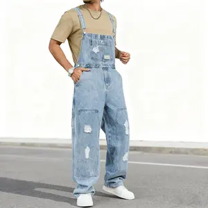 OPDNBON Men's Letter Print Distressed Casual Versatile Denim Bib Overalls for Street Work Urban Wear Stylish & Trendy