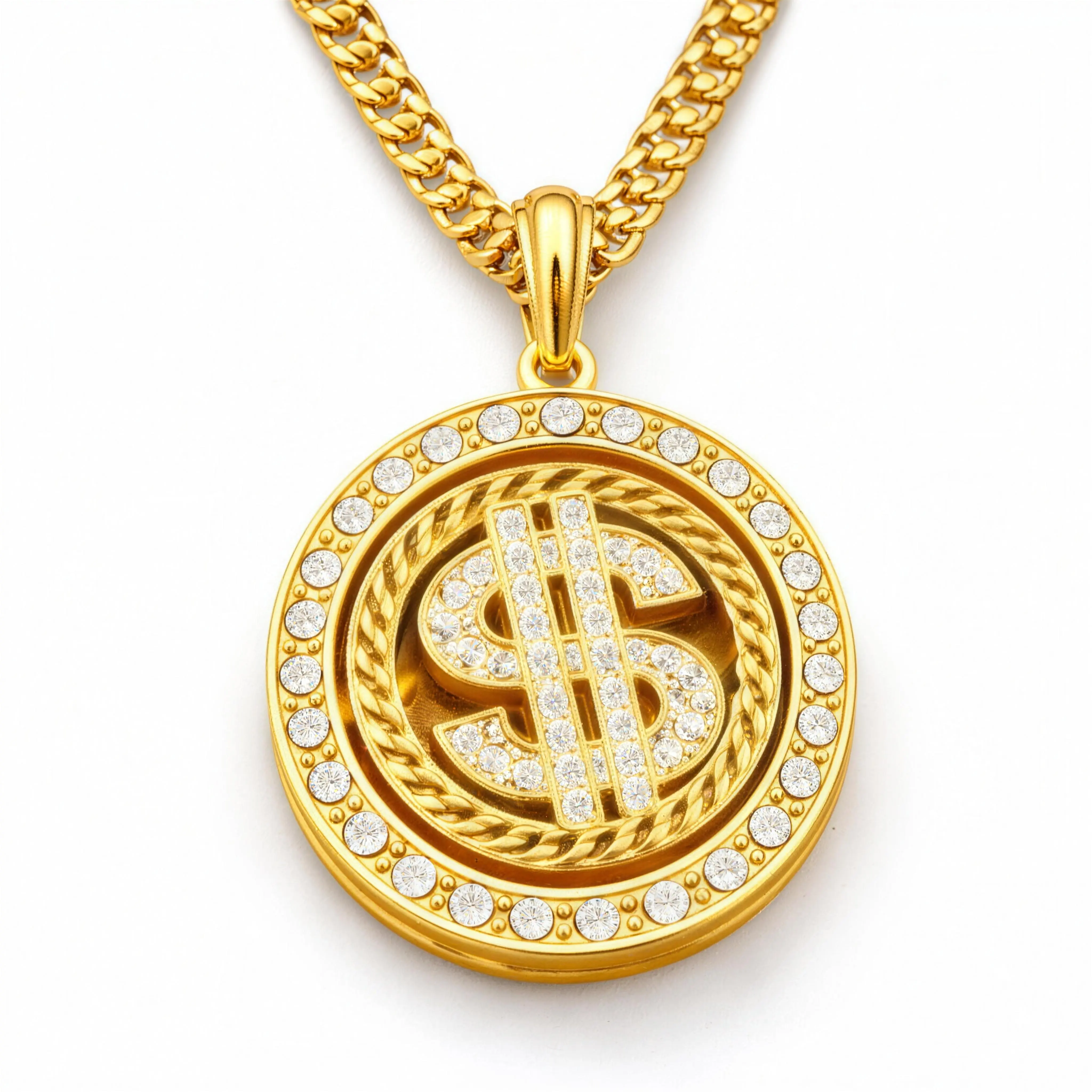 Unisex Rotating Dollar Pendant Necklace - Iced Out CZ Shine Fidget Spinner, Zinc Alloy 24-Inch Coated Chain Link, 2.2 Inches, 2.48 oz, Hip Hop Costume Jewelry for Everyday & Party Wear (Gold, Silver)