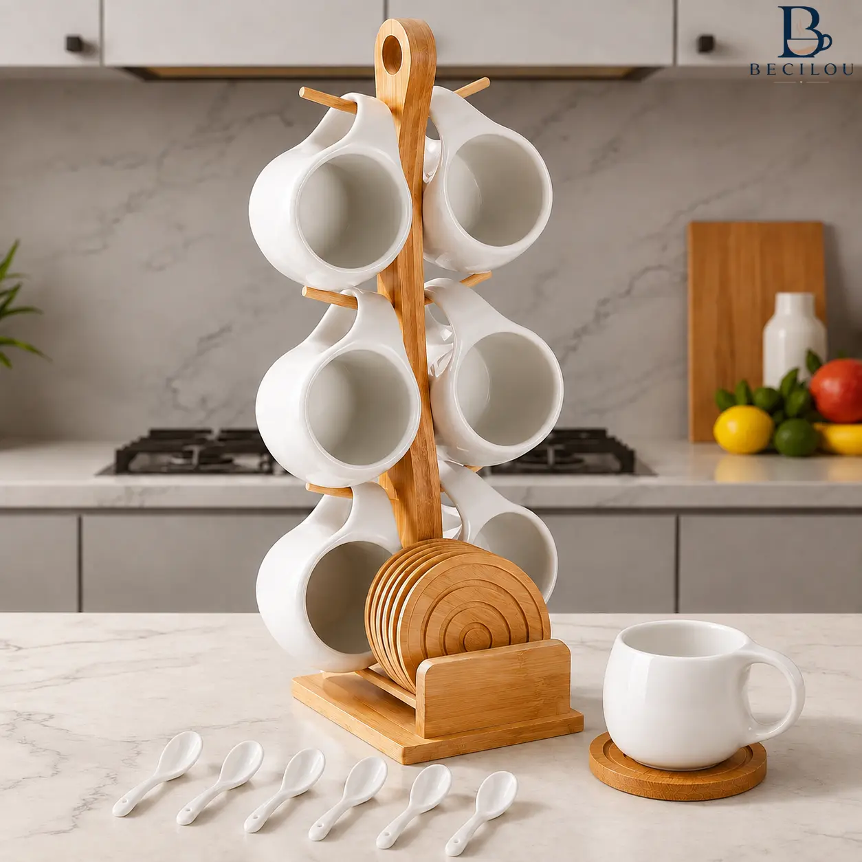 BECILOU Minimalist Ceramic Coffee Cup and Saucer Set - 6 Cups & Saucers with Stable Wooden Rack, Everyday Multifunctional Bamboo Tableware for Home, Party Use, Kitchen Drinkware for Coffee Shops, Nordic