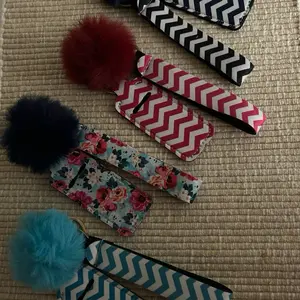 Keychain Set with Wristlet Lipstick Holder and Pom Pom in Chevron Floral Patterns