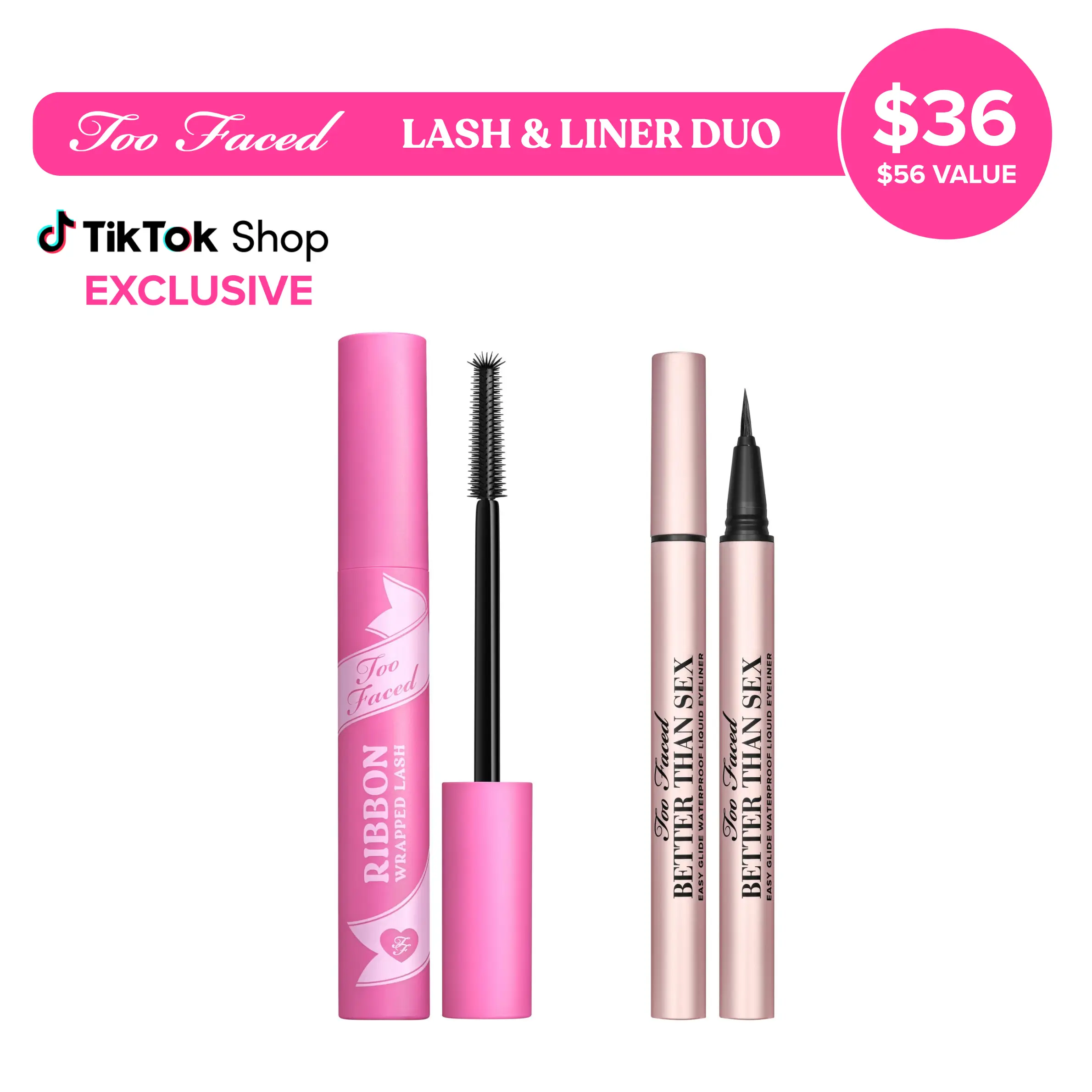 Too Faced Lash and Liner Duo - Ribbon Wrapped Lash Tubing Mascara + Black Waterproof Liquid Eyeliner