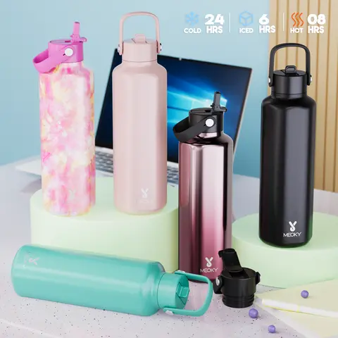 Meoky 24oz Hexagonal Stainless Steel Insulated Flask Mug - Soft Silicone Handle, Multi-function Leakproof Non-slip Lid, 8h Hot Hold, 13-24h Cold Insulation, Floral Modern Design, Portable Water Bottle for Office Travel