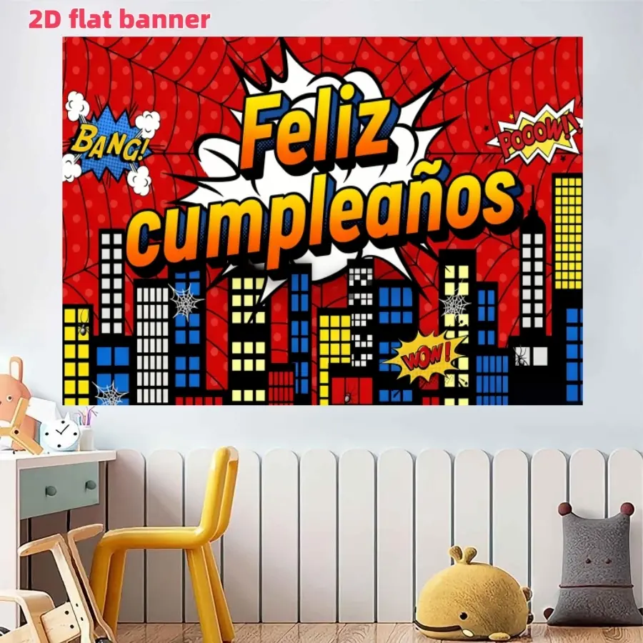 Superhero Theme Birthday Party Backdrop Banner, Decorative Banner, Spider Superhero Happy Birthday Decoration, Polyester Material, Indoor Outdoor Use