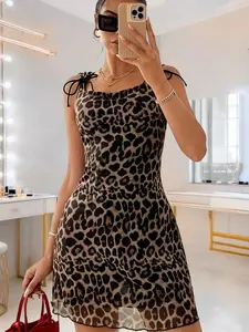 Tiger Print Halter Dress with Shoulder Straps, Double Layer Skirt for Playful Atmosphere, Stylish Fit Women's Summer Fashion
