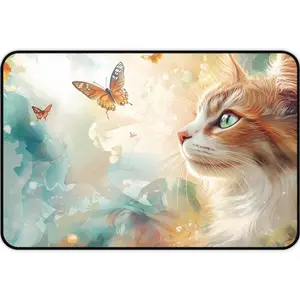 Floral Cat Desk Mat and Mouse Pad - Feline, Vibrant Flower Garden, Durable, Non-Slip, Water-Resistant, Perfect for Gaming, Home Office, Study Space, Gift for Cat Lovers and Garden Enthusiasts - Neoprene Mat - Gift for Girls - Artisan Mousepad