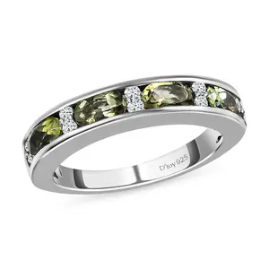 Moldavite & White Zircon Half Eternity Rings in 925 Sterling Silver - Wedding Bands for Women with Platinum Plating Promise Jewelry - Engagement Anniversary Birthday Christmas Gifts for Womens