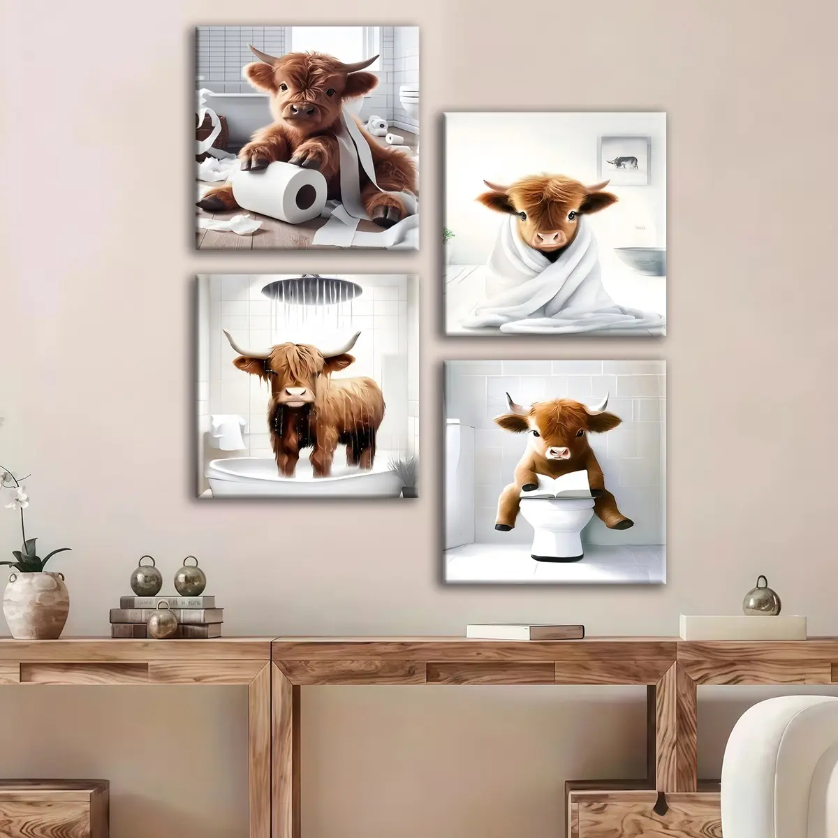 4-count wooden frame canvas, healing animal bathroom funny atmosphere decorative poster, exquisite office bedroom decoration, fashionable family poster, corridor wall hanging painting, waterproof art, Art Prints, Wall Decor Pictures, Modern Home Decor