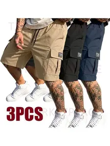 Menswear Men's 3-Piece Casual Cargo Shorts Set - Mid-Waist Elastic Waistband with Drawstring, Loose-Fit Durable Fabric, Multi-Size, Multifunctional Pockets, Casual Sport Style, Suitable for Golf, Outdoor Activities