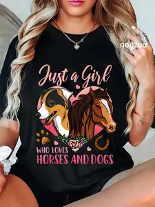 100% Cotton Unisex Horse Dog Just A Girl Who Loves Horses And Dogs T-Shirt Casual Top