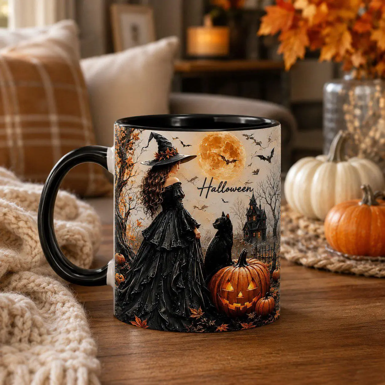 Halloween Witch Black Cat Mug, Spooky Pumpkin Full Moon Coffee Cup, Gothic Fall Drinkware Gift for Halloween Lovers