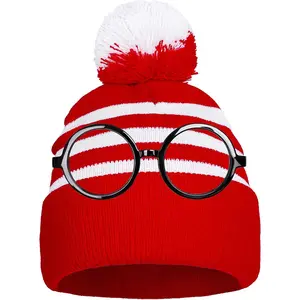 Aneco Halloween Red White Knit Beanie with Pompoms Nerd Costumes Glasses for Men and Women