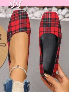 Women's Vintage Fashion Plaid Flat Shoes, Square Toe Casual Sneakers for Daily Wear, Perfect for Dresses and Pants, Halloween Choice