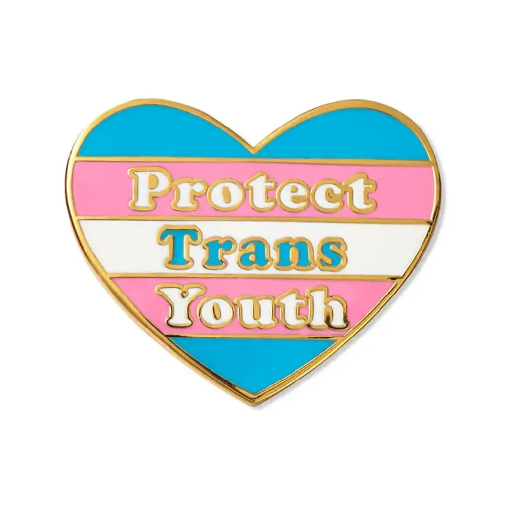 Protect Trans Youth Enamel Pin - Heart-Shaped Design with Pink and White Border, Featuring "Protect Trans Youth" Text