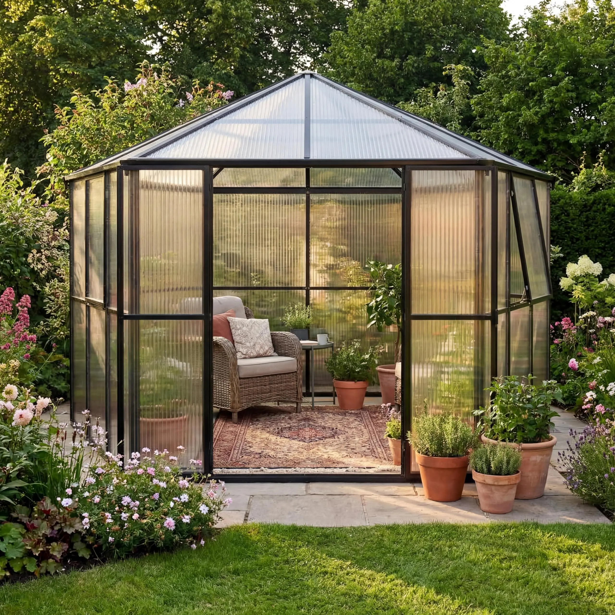 12x10x8 FT Hexagonal Greenhouse for Outdoors – Heavy Duty Aluminum Frame with Quick-Connectors, Walk-in Design with 2 Lockable Doors & 2 Vents, Polycarbonate Panels for Garden or Backyard, Black