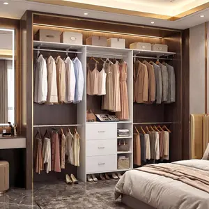 Cyclysio 8FT Wall Mount Waterproof Wooden Closet Organizer System - 5 Hanging Rods, 3 Wood Drawers, Holds 400+ Clothes, Fits 5.3-9FT, 400+ Pieces Room Storage, Reversible Adjustable Walk-in Wardrobe Cabinet