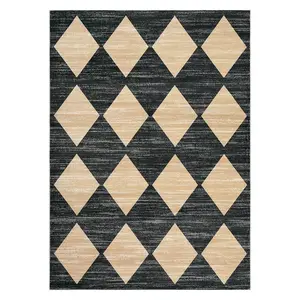 9 x 12 ft Polyester Black/Taupe Rectangular Living Room Bedroom Dining Room Modern Geometric Diamond Print Machine Washable Area Rug