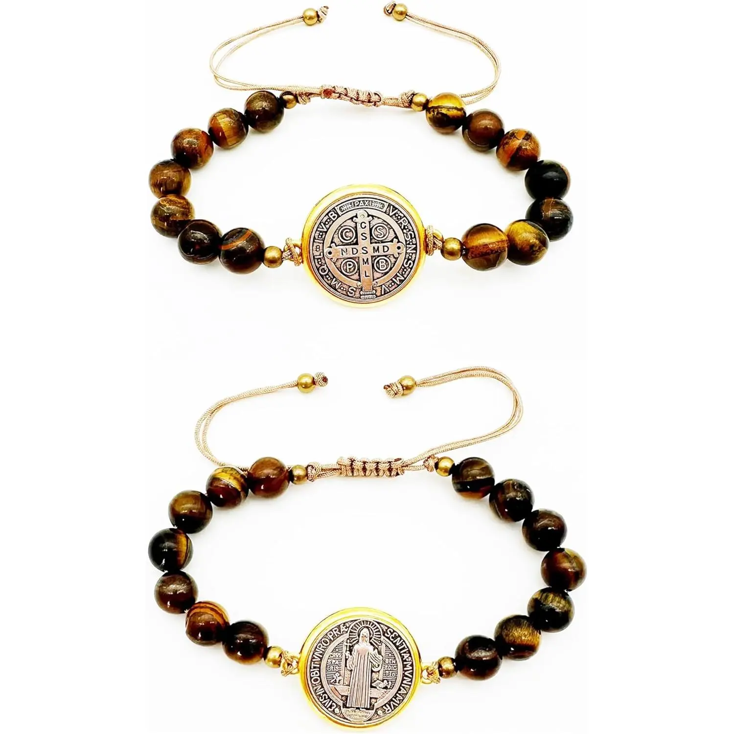 2 count San Benito Bracelet Tigher Eye Bracelet Saint Benedict Medal Catholic San Benito Medalla