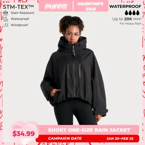 PUFFIT STM-TEX Short One-Size Rain Jacket With Pleated Hem, Loose Fit, Spring Hooded Jacket, Waterproof Jacket, Women Jacket,Lightweight,Wide-Brim Hood,Multi-Way Styling,Adjustable Cuffs,Waterproof Zips,Fashion,Outdoor Sport,Spring