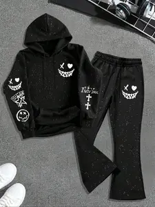 2pcs Men'S Hooded Sweatshirt And Bell Bottom Pants Set, Dark Graffiti Street Pullover Sweatshirt Set, Starry Sky Dyeing Process Design, Kangaroo Pocket, Suitable For Daily Vacation Outdoor Wear, Fall Outfits & Winter Outfits