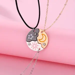 Set of 3 Round Crystal Star Moon Sun Friendship Necklaces BFF Best Friends Forever Fantasy Cute Pendant for Unbreakable Friendship