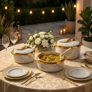 Luxury White Marble Insulated Casserole Set – 3 Piece Hot Pot Set with Gold Trim & Handles, Double Wall Thermal Food Warmer Serving Bowls with Stainless Steel Interior, Elegant Gift for Holidays & Parties
