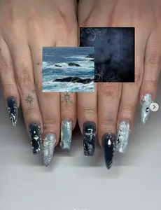 Stormy Ocean Press On Nails, Navy Blue Silver Ice Nail Set, 3D Water Wave Square Handmade Fake Nails