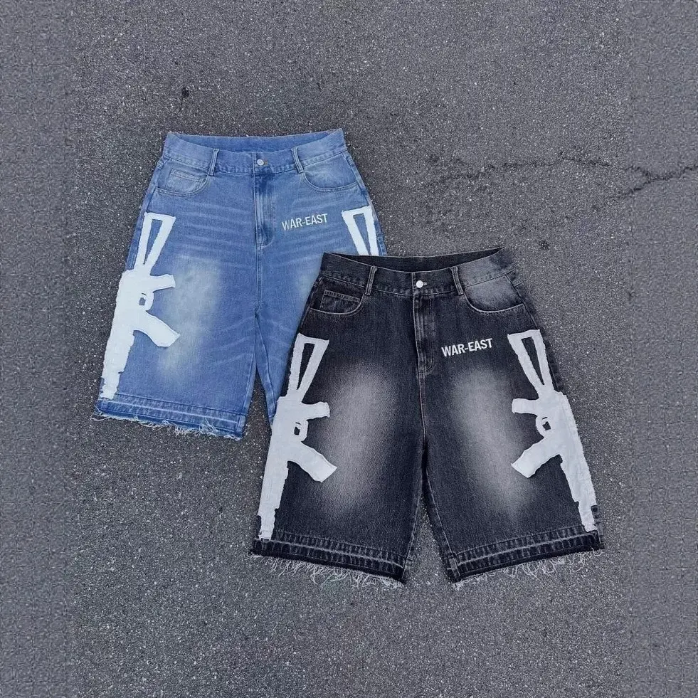 Y2K Baggy Denim Shorts – Unisex Streetwear Unique Embroidered PrintSummer European and American cross-border vintage washed hip-hop letter print unisex five-point casual loose denim shorts