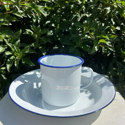 FlammSakre White Enamel Mug 10CM with Blue Rim 26CM Plate for Vodou Liminasyon Use Drinkware Unique Design Practicality