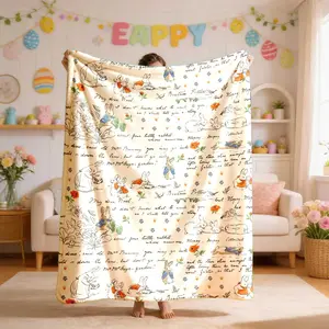 Peter Rabbit Vintage Line Art Letter Theme Flannel Throw Blanket, Large Size, Soft Lightweight Warm, Perfect for Bed Sofa Office Camping Travel