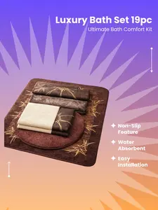 Luxury 19-Piece Bathroom Set Includes 2 Bath Mats Toilet Seat Cover Shower Curtain 3 Towels 12 Hooks Complete Ensemble for Coordinated Look Decorative Versatile Design