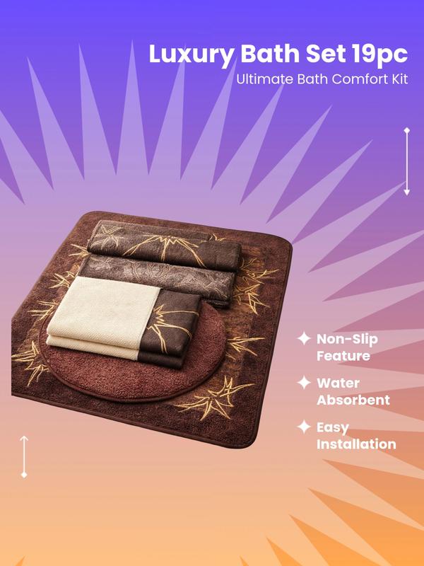 Luxury 19-Piece Bathroom Set Includes 2 Bath Mats Toilet Seat Cover Shower Curtain 3 Towels 12 Hooks Complete Ensemble for Coordinated Look Decorative Versatile Design