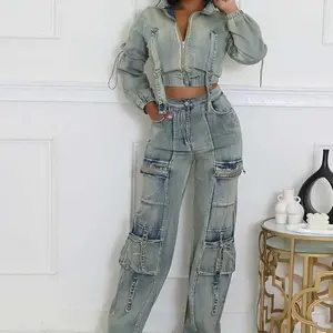 Women’s 2-Piece Winter Set – Long-Sleeve Denim Jacket and Stretch Jeans, Streetwear Style, Sexy Design, Wholesale/Dropshipping Available, Compatible with Raincoat