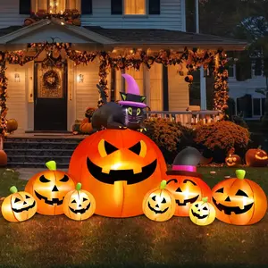 Get Spooky with 8.5FT of Pumpkin Power: Halloween Inflatables Featuring 8 Grinning Pumpkins, a Mischievous Black Cat, and a Witch's Hat for Your Yard Party!