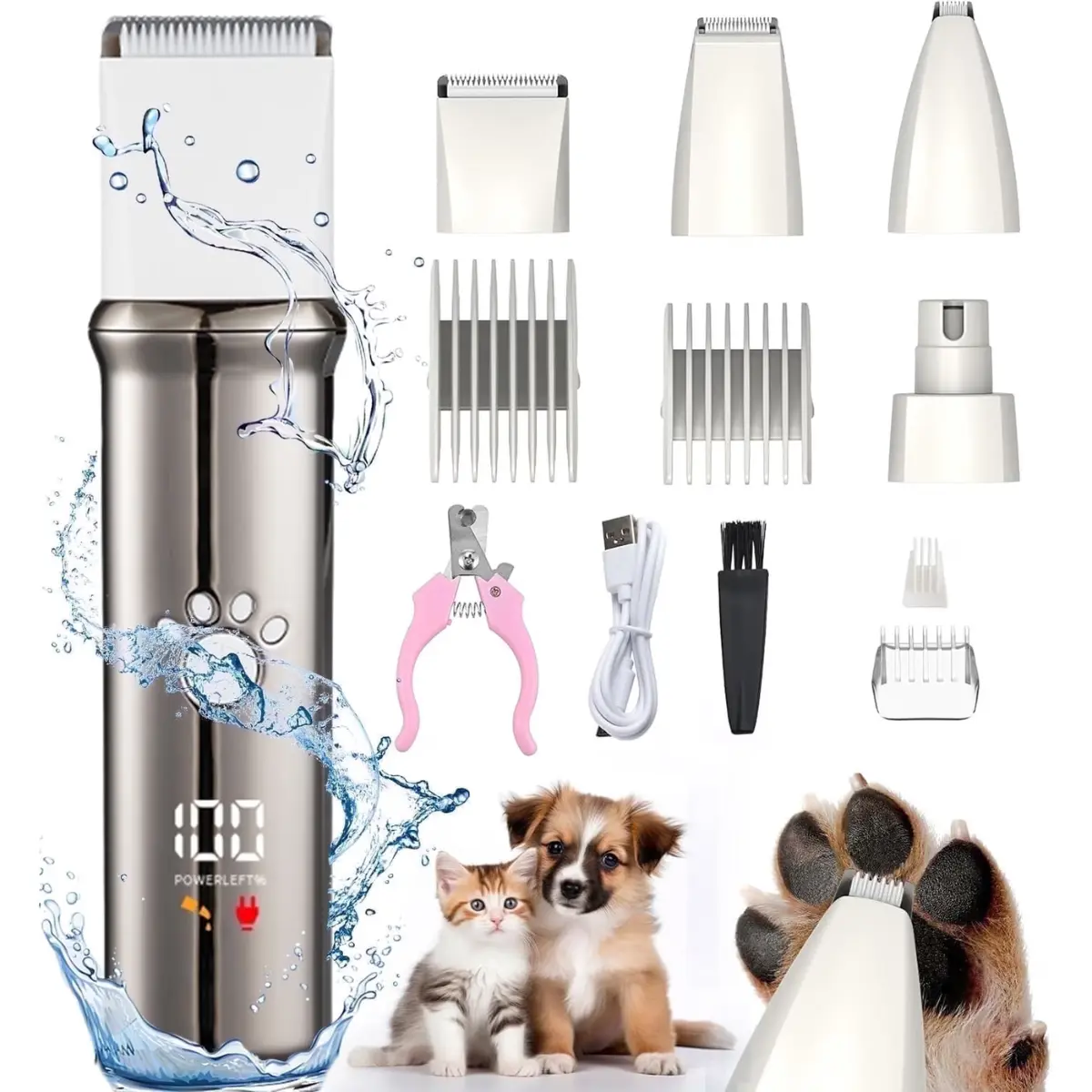 4-in-1 Cordless Dog Grooming Clippers Kit with LED Display, Waterproof Low-Noise Hair Trimmer for Thick-Haired Dogs & Cats