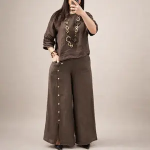 Women’s Linen Cotton 2 Piece Set – Loose Fit Button Shirt & Wide Leg Pants Casual Summer Outfit with Pockets