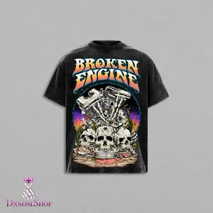 Broken Engine Skull Motorcycle Graphic T Shirt Vintage Biker Motor Engine Skull Streetwear Retro Graphic Tee