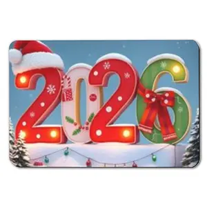 Fluorescent diatom mud floor mat Festive 2026 Christmas Display Illuminated Numbers with Santa Hat, Bow & Snowy Village Scene Under Starry Sky